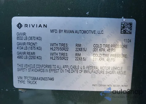 2025 Rivian R1T Adventure Dual Motor Large Pack/Adventure Dual Motor Max Pack from USA, damaged, VIN 7FCTGBAA4SN037449